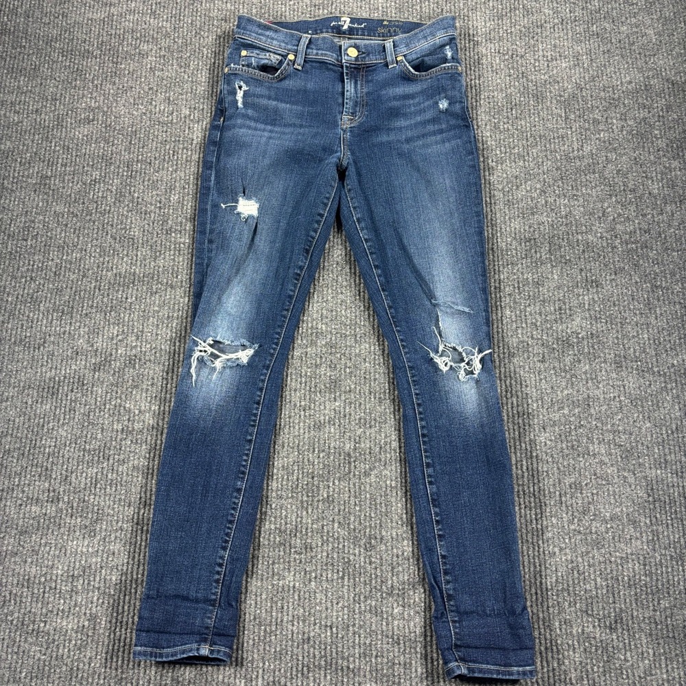 7 For All Mankind The Ankle Skinny Jeans Womens 26 Blue Distressed Ripped - Picture 2 of 12